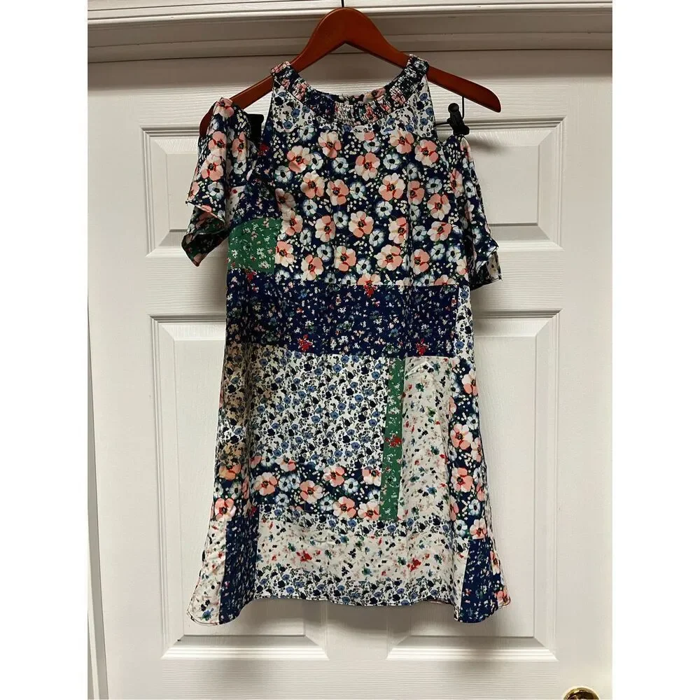Zara Blue Floral Patchwork Cold Shoulder Boho Festival Dress sz XS EUC